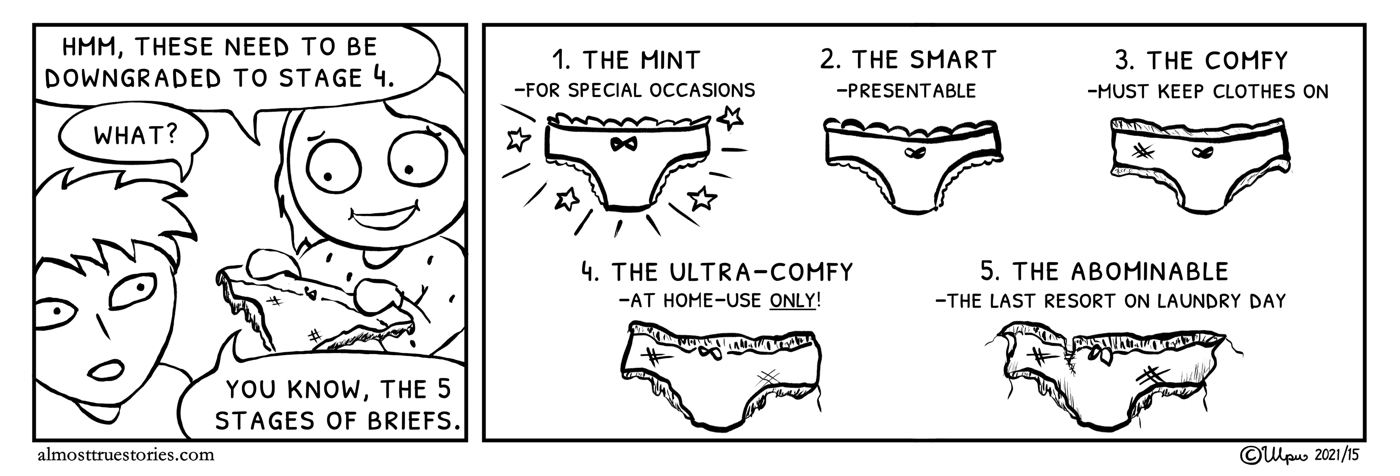 Uma tells Leo about 5 stages of briefs: the mint, the smart, the comfortable, the ultra-comfortable and the abominable - sadly, when they start to feel comfortable they already look pretty shabby.